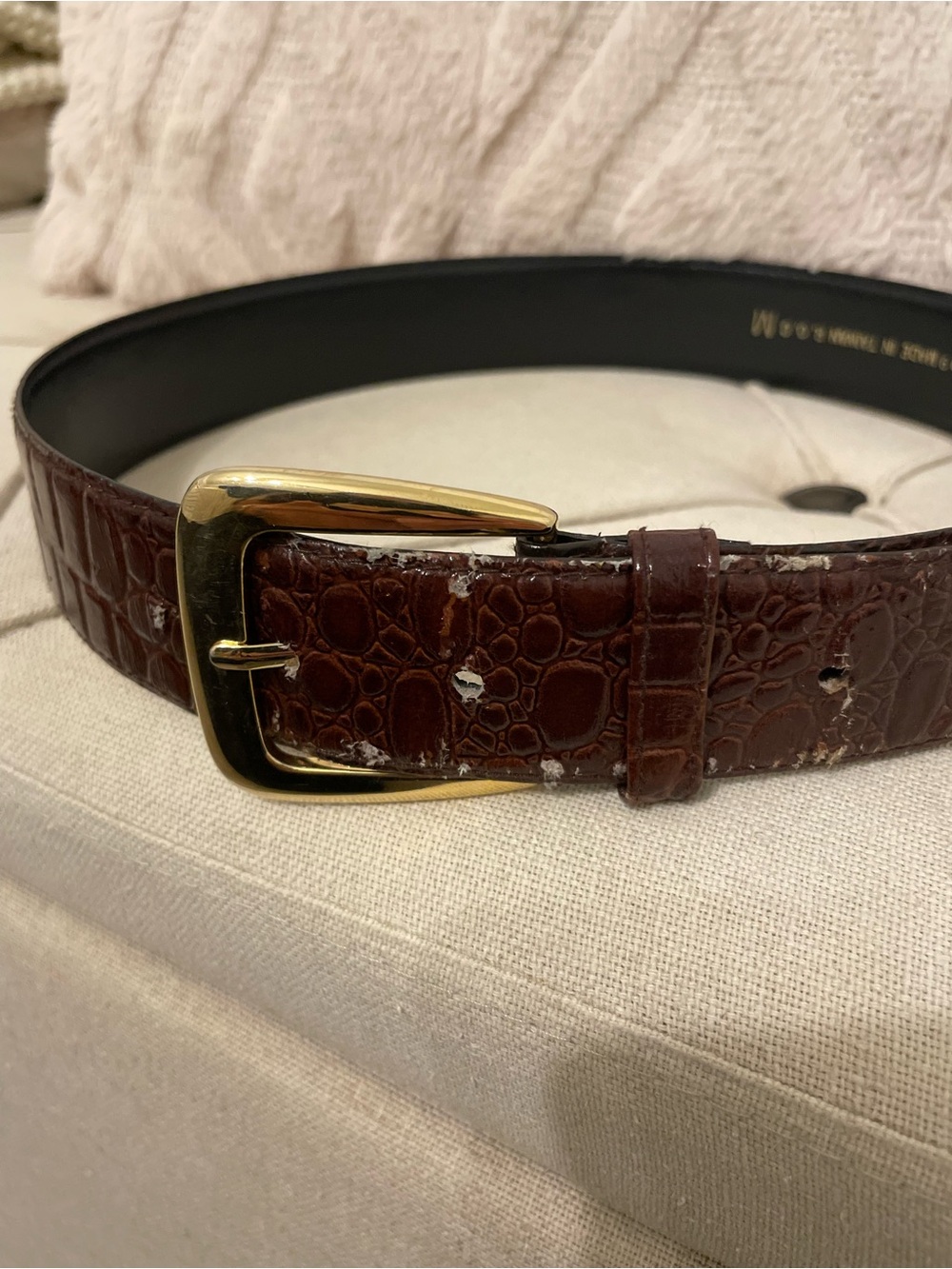 Classic Brown Croc-Embossed Leather Belt with Gold Buckle